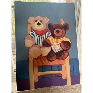 1986 Johanna Haas Oil Painting, "Two Teddy Bears Share A Chair", Signed Fine Art